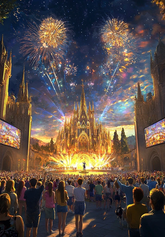 城堡前盛大庆典烟花下的人群聚集景象