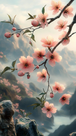 桃枝花盛开中国画