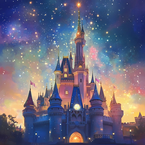 梦幻星空下的童话城堡全景