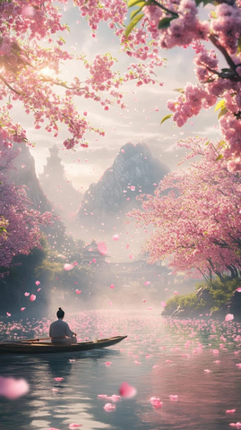 桃花流水渔舟晨光山色