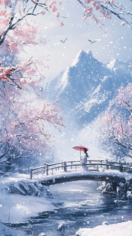 雪中梅花桥上汉服女子