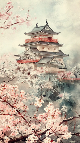 樱花盛开古堡前