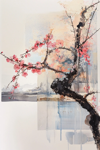 盛开树枝墨绘春意盎然