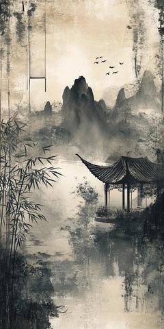 竹林书斋与山水画卷