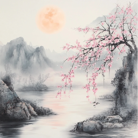 月下桃花美人洒花