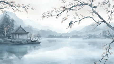 湖畔船屋与花枝飞鸟