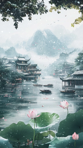 雪景莲花绿叶飘浮