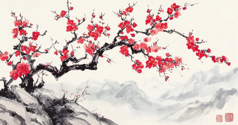 梅花树枝开花图