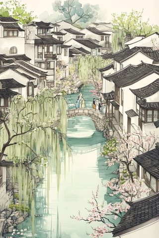 春日水乡柳绿花红