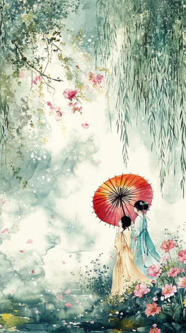 花伞下柳树旁二人赏景