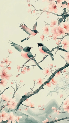 桃花燕子绿枝中国画