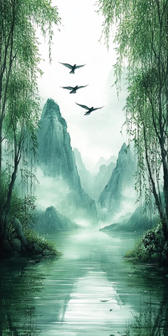 三只燕子飞翔山水间