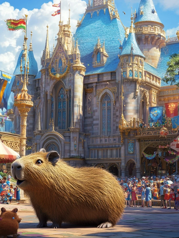 水豚站在华丽城堡前的热闹场景