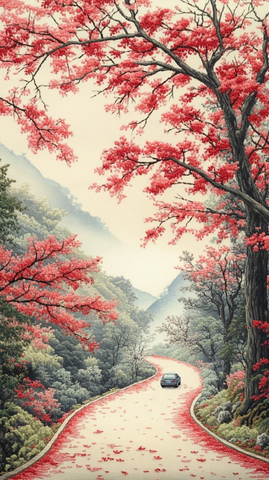 道路森林风景刺绣