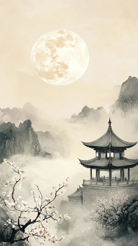 明月古亭梅枝山景