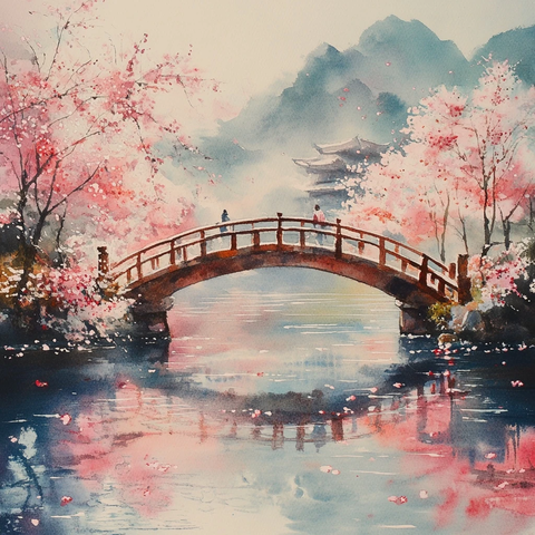 樱花水彩河流桥梁