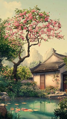 桃树古酒馆旁池塘