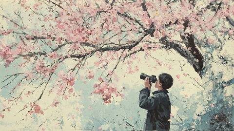 男孩樱花下拍照