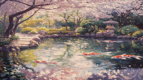 樱花花园与锦鲤池景色