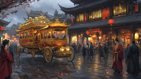古街中的华丽马车与传统服饰行人
