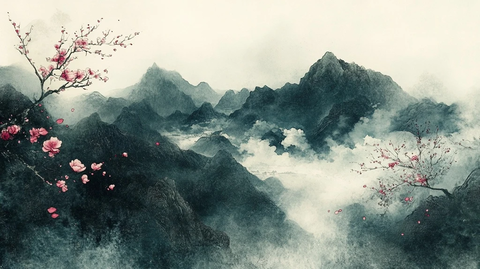 墨色山川云间花舞