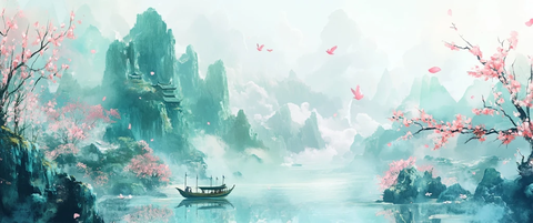 春山绿水桃树古船