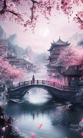 桥上青年赏樱月夜