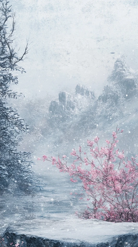 雪景石板梅花古松