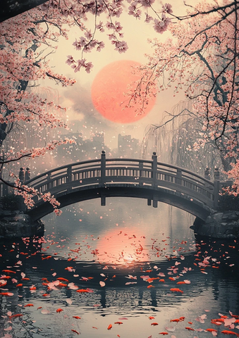 樱花桥下锦鲤游红日映水天