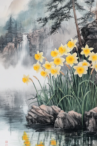 春日水塘墨绘水仙图