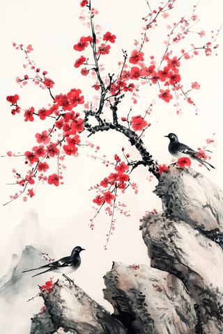 梅花树枝上两只喜鹊