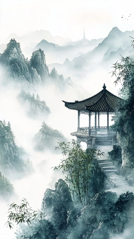 山巅竹林亭台路径