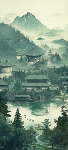 古建筑雨中松树草地羊群