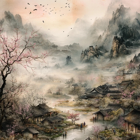 雷龙云中舞桃花雨中开