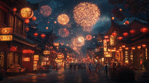 古街夜景灯火辉煌烟花盛放的热闹景象
