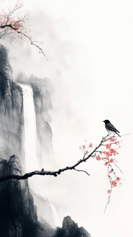 雀立梅枝望瀑布