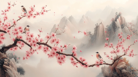 桃树开花鸟儿栖息