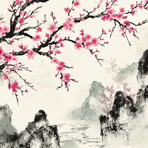 梅花山水画粉花绿枝