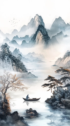 山湖舟影老翁独钓