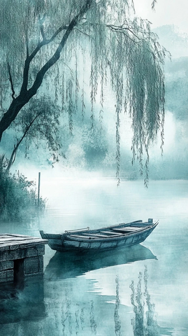 湖边柳树石码头木舟