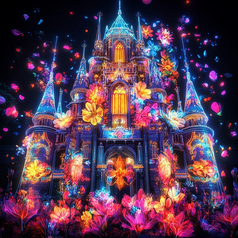 装饰着鲜花的华丽城堡夜景