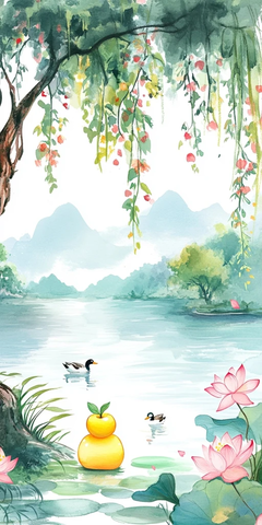 黄色苹果树下莲花鸭群