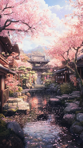 传统花园樱花雨景