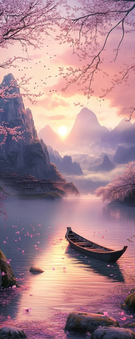 山间湖面木船樱花飘落