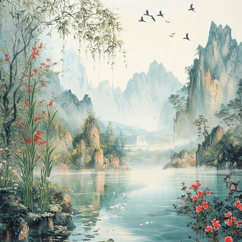 山水画鸟语花香金钱竹树