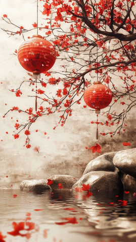 梅花水石迎春灯笼鞭炮
