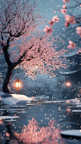 雪中梅树与远灯