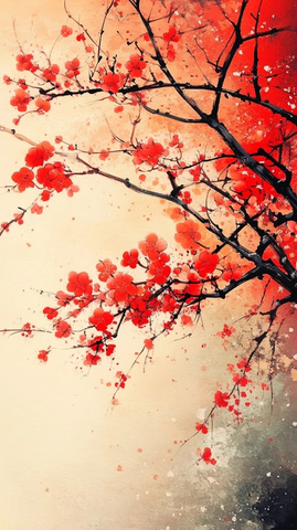 中国龙与桃花飘浮湖水