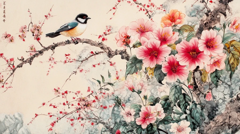 花卉鸟语春园图