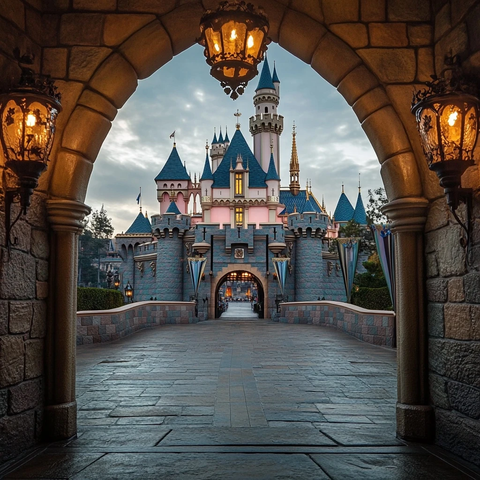 城堡拱门前景仰拍视角下的童话城堡